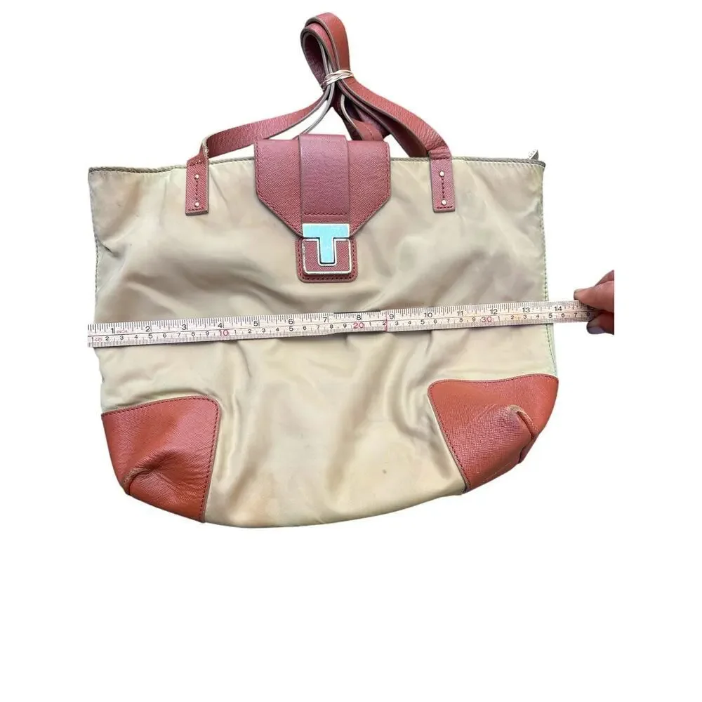 Tory Burch Canvas Leather Trim Tote Bag Tan Penn Tote
